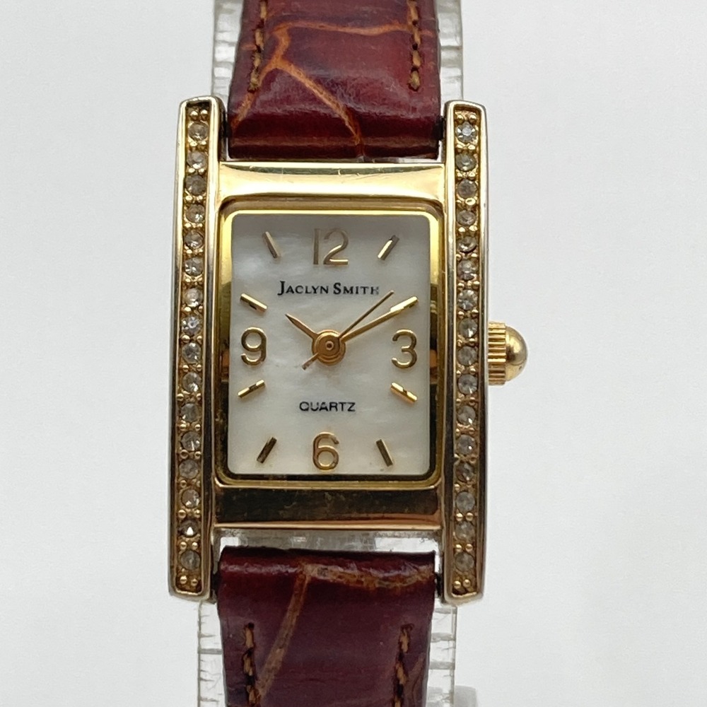 Jaclyn Smith Womens Tank Watch Gold Tone Crystals MOP Leather New Battery 7.5"